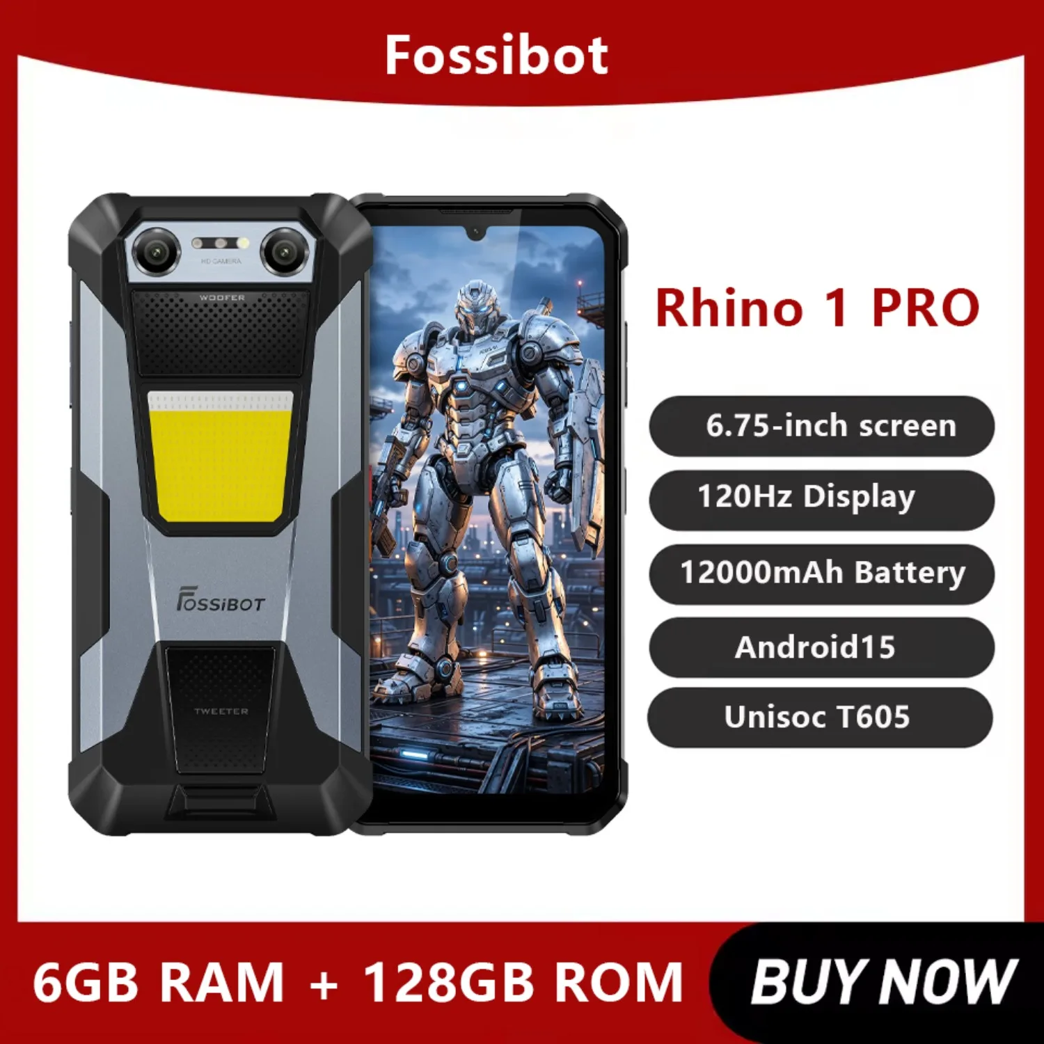 NOVO Fossibot F106 Plus Telefone Robusto Unisoc T605 4G 125dB Alto-falante Duplo Lanterna de Acampamento 6GB+128GB 6.75 Polegadas 120Hz 12000mAh Android 15