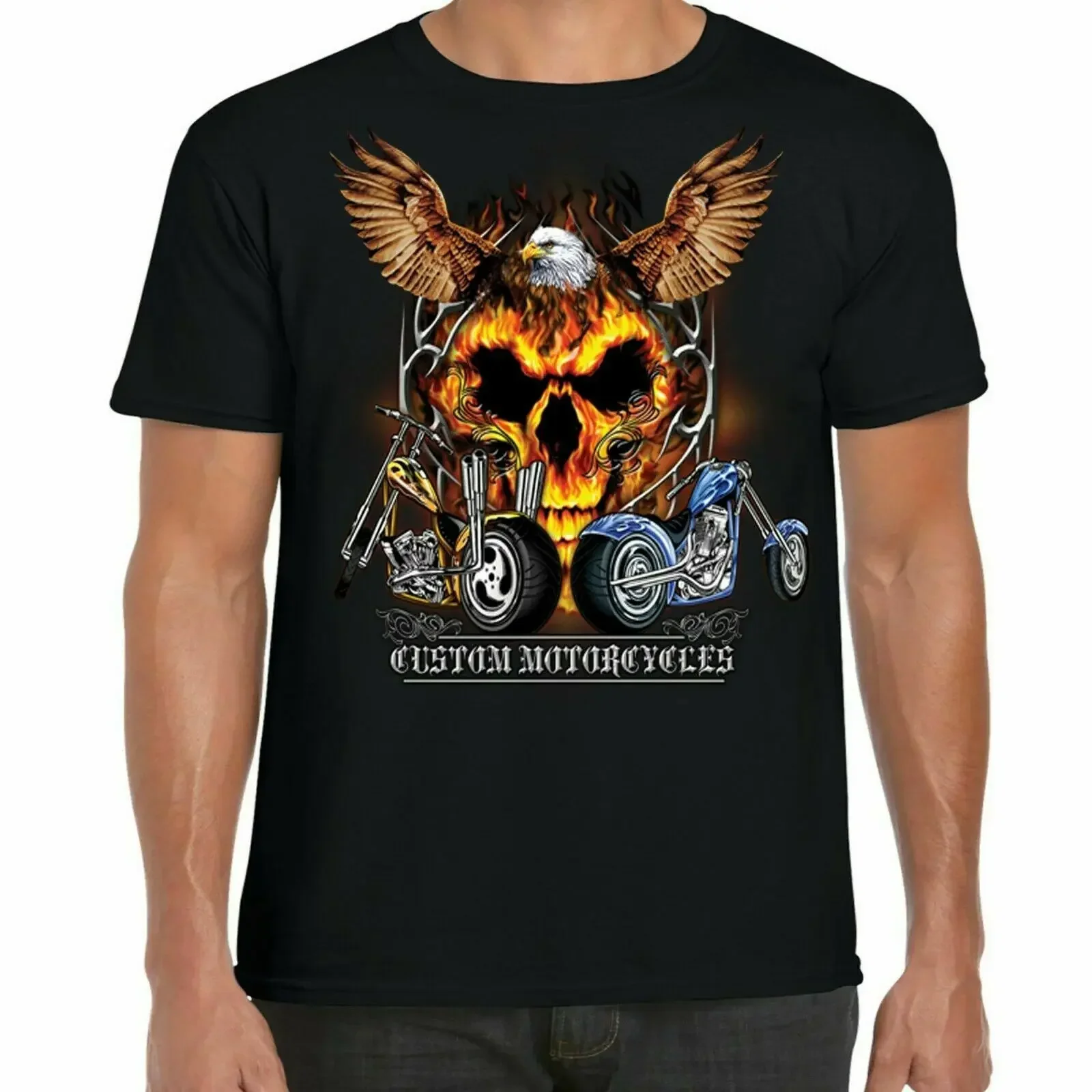 Eagle Flame Skull Motorcycle Motorbike Chopper Bobber Motorcyclist T Shirt. Short Sleeve 100% Cotton Casual T-shirts Loose Top