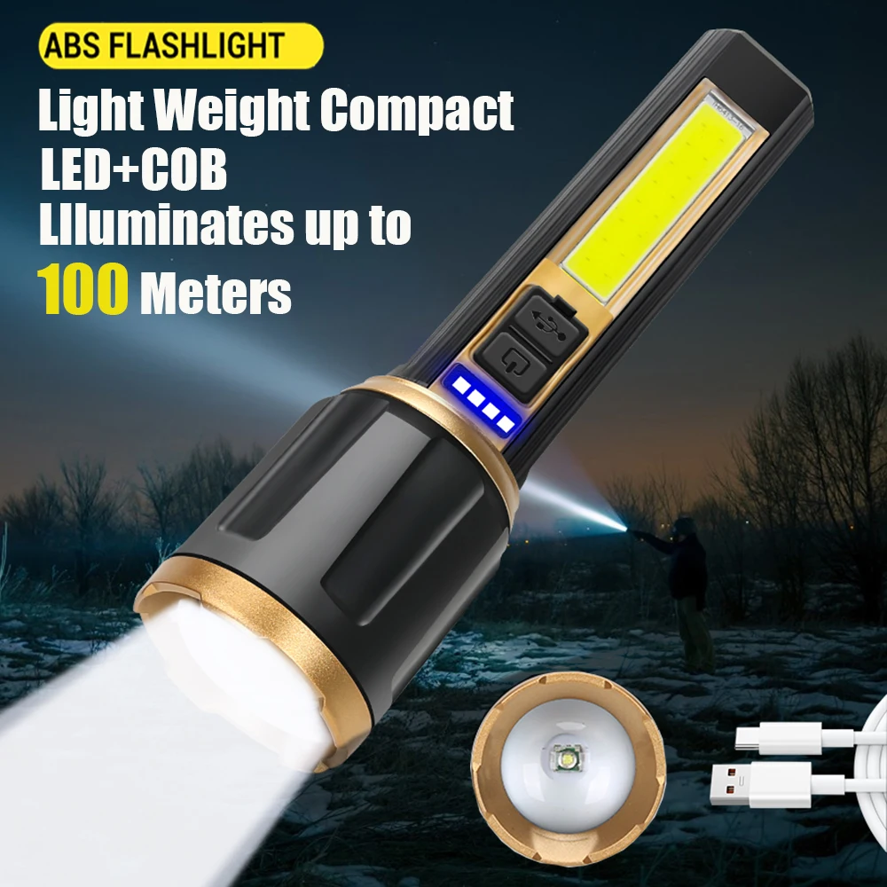 

250 LM High Bright Flashlight LED+COB 4 Models Tactical Torch USB Rechargeable Battery Indicator Waterproof Fishing Lantern