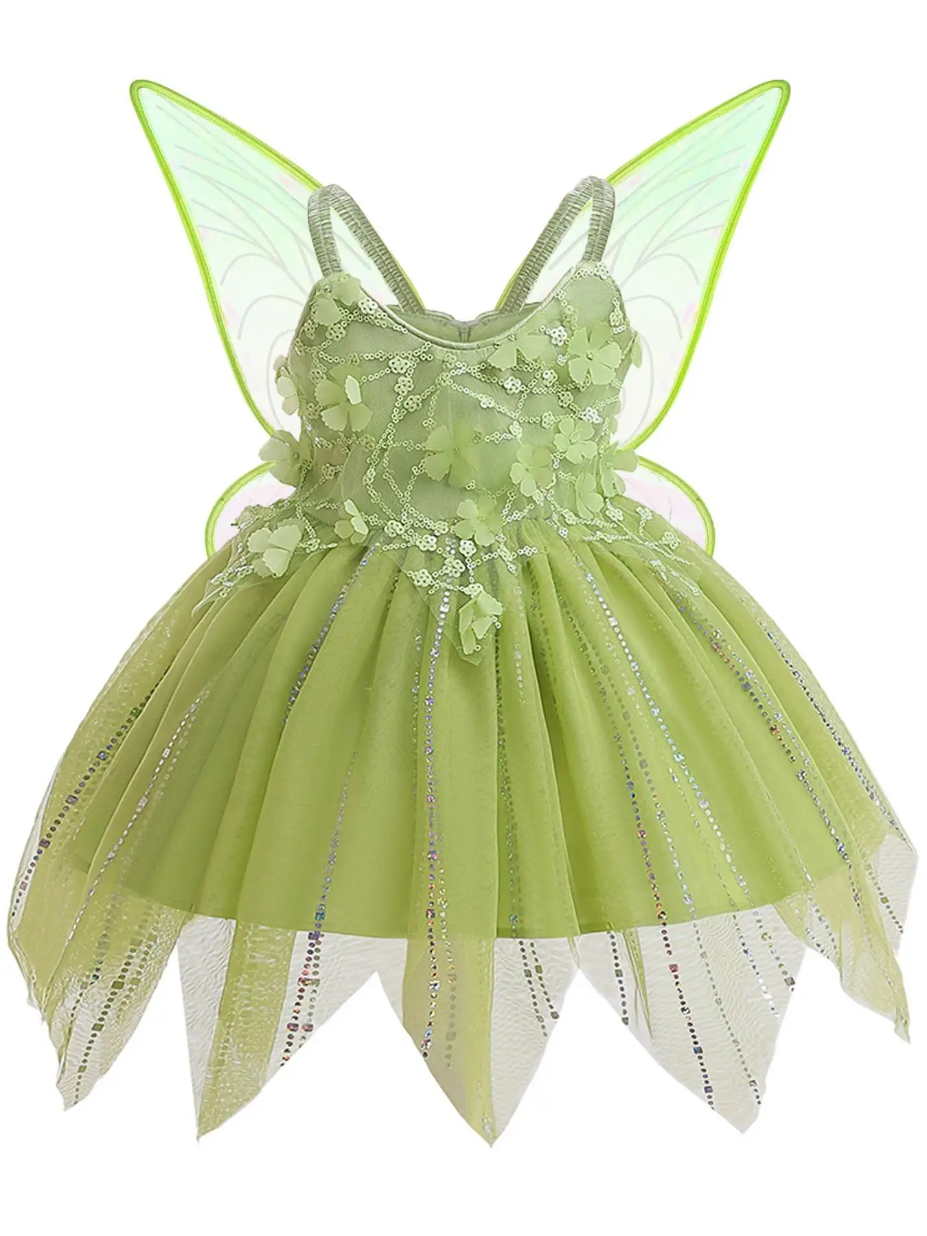 

2025 Carnival Costume Children Green Flower Fairy Elves Princess Dress With Wings Birthday Party Clothes 0-6Y