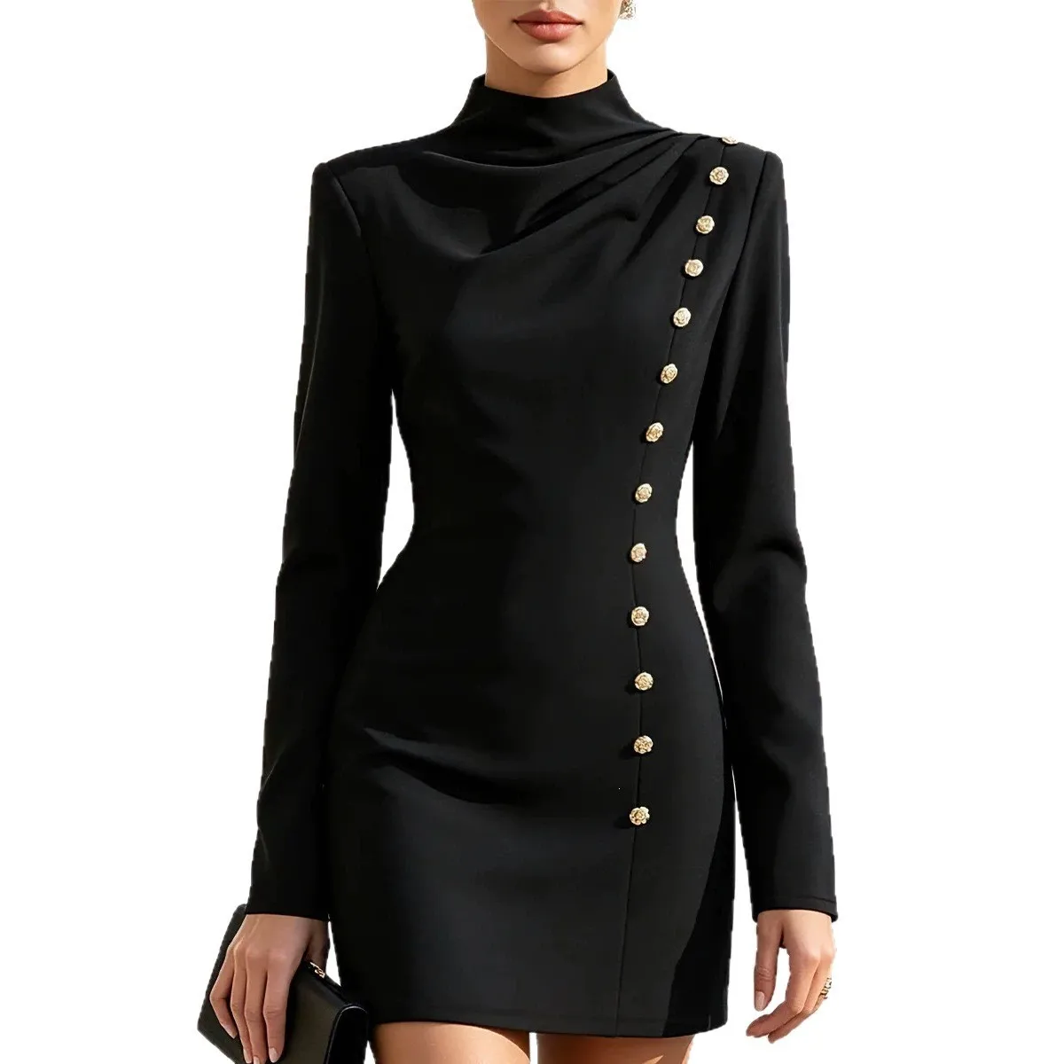 Long Sleeve Pleated Dress Straight Silhouette Commuter Chic with Elegant Style Stage Costume One Date Night Dress for Women