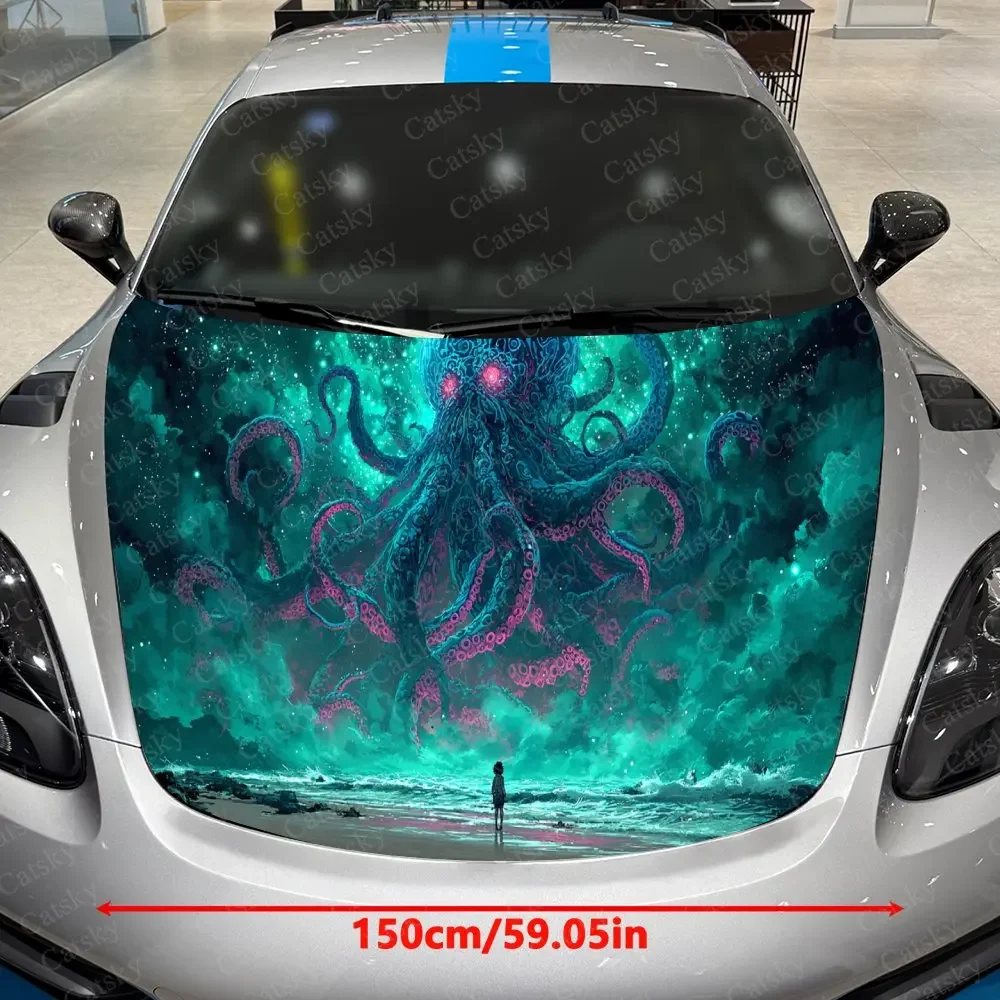 Neon Kraken Roaring Waves Car Vinyl Wrap, PVC Waterproof Car Hood Sticker, Self-Adhesive Scratch-Resistant Engine Cover Sticker
