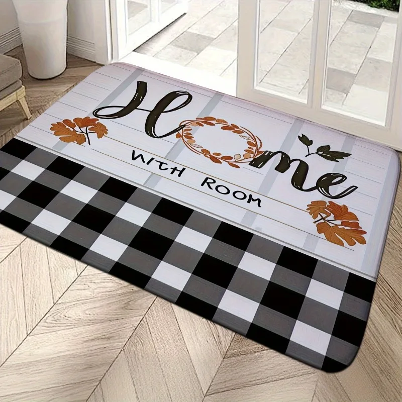 Black and White Door Mat Checkered Autumn Themed A 