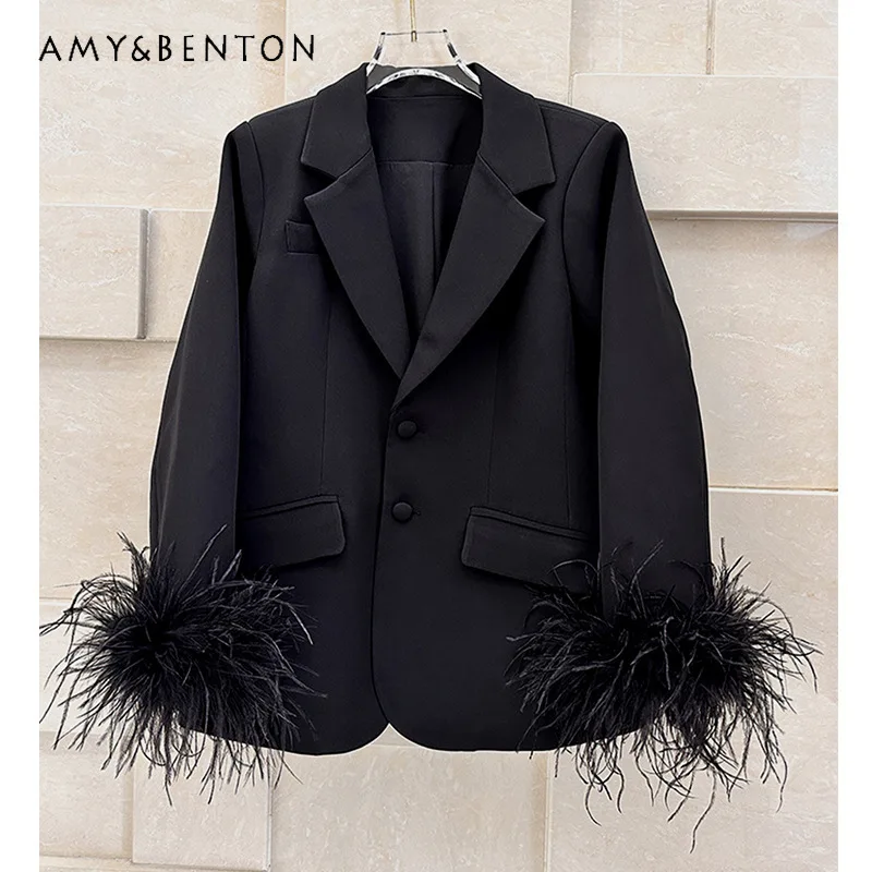 

Socialite Temperament Ostrich Hair Splicing Long-sleeved Loose Slim Blazer Women Commuter Style Fashion Black Suit Collar Jacket