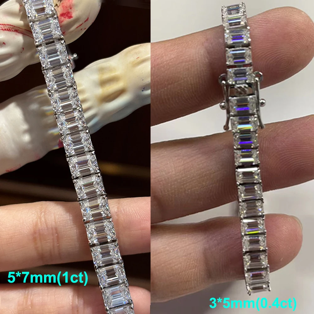 D Color 5*7mm 1CT Emerald Cut Full Moissanite Tennis Bracelets for Women Men Original S925 Silver Plated 18K White Gold Jewelry
