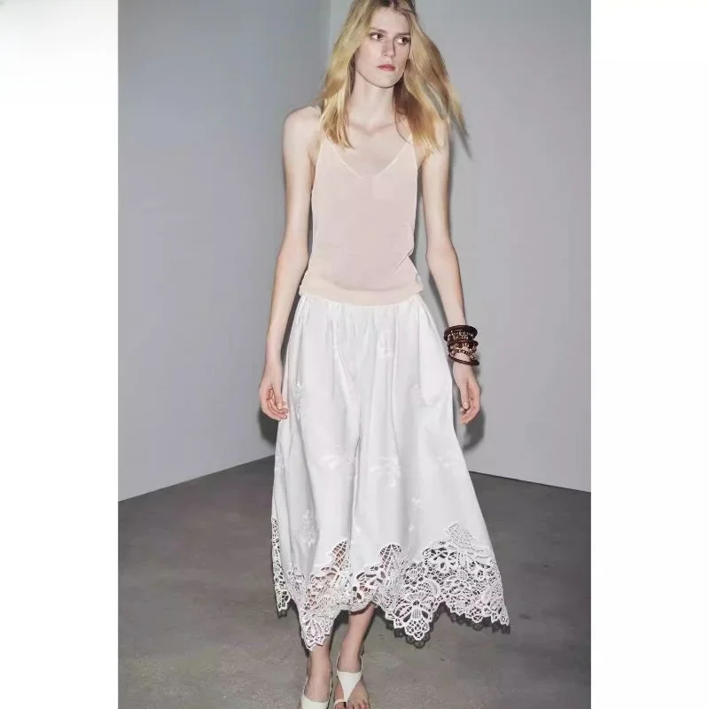 

Summer 2025 New Arrival Women's Midi Skirt Ele Embroidered A-Line Holiday Sle Cotton mid Waist Casual Faion