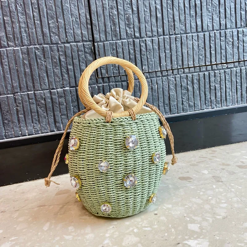 Summer Round Rattan Handmade Diamond Pearl Bag Bohemian Leisure Straw Bag Bucket Knitting Shoulder Crossbody Beads Beach Bag