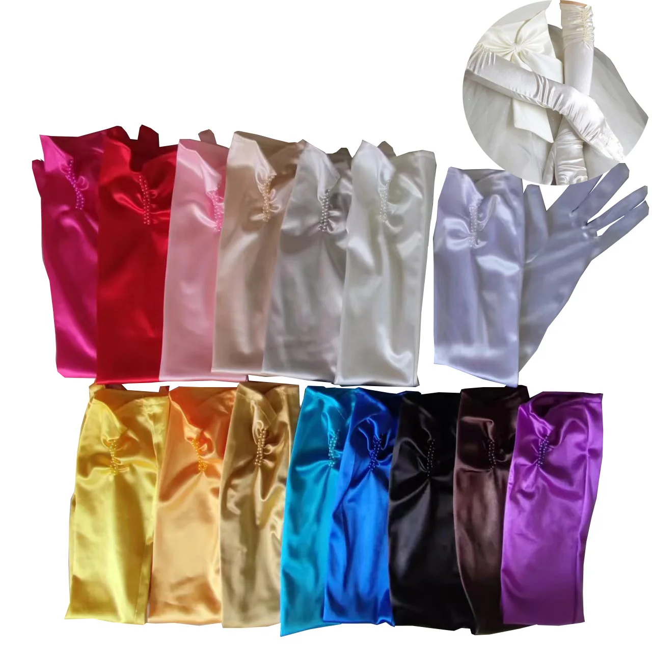 Guantes largos de satén con cuentas de perlas para fiesta, accesorios de Boda nupcial, Color sólido, dedo completo, baile, Boda, ópera