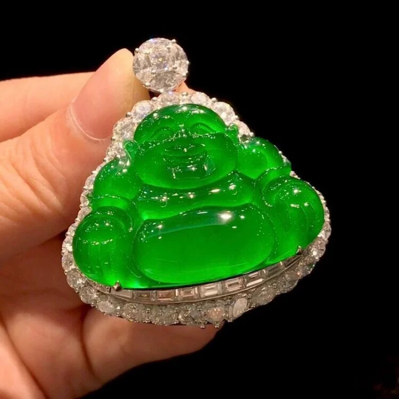 Ice Jadeite Zhengyang Green Buddha Pendant Myanmar18kInlaid Imperial Full Green Jade Buddha Pendant for Women as a Gift