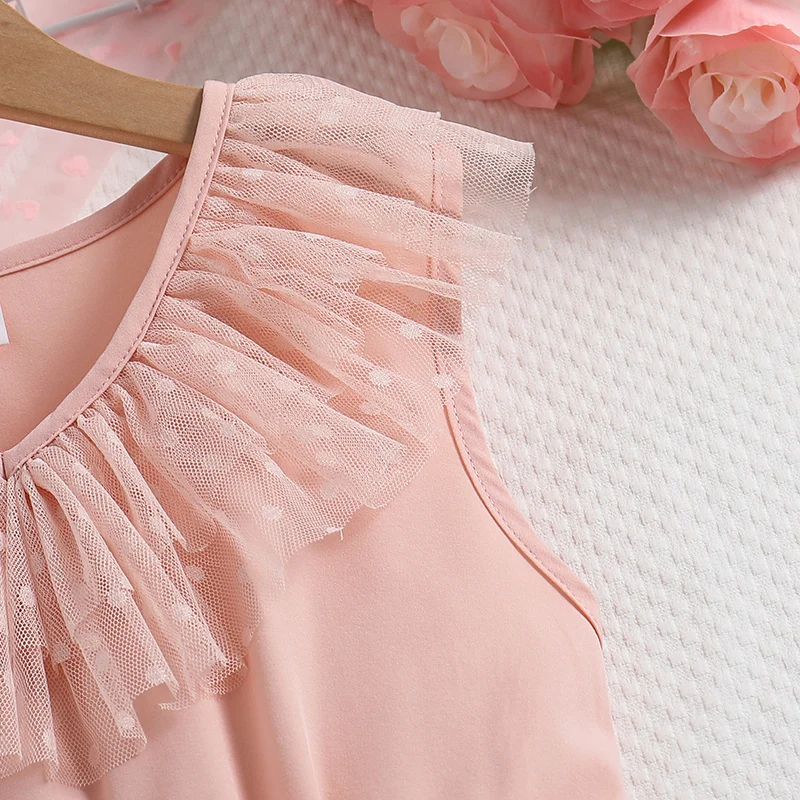 Kids Dress For Girls Pink Lace V-Neck Tulle Dress & Detachable Belt Sweet Princess Style  Birthday Party Children Daily Clothes