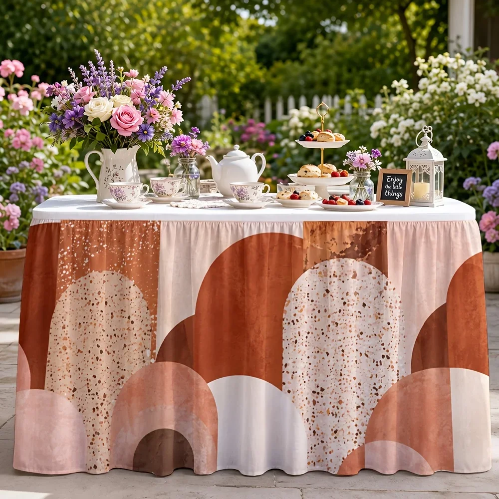 One autumn Bohemian-style tablecloth, terracotta-colored abstract geometric pattern spot-printed pleated tablecloth