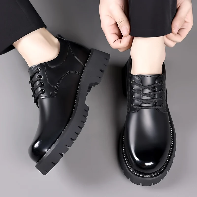Classic Trends Spring Outdoor Men\'s Leather Shoes Platform Oxfords Male Derby Shoes Casual Mens Lace Up Thick Soled Work Shoes