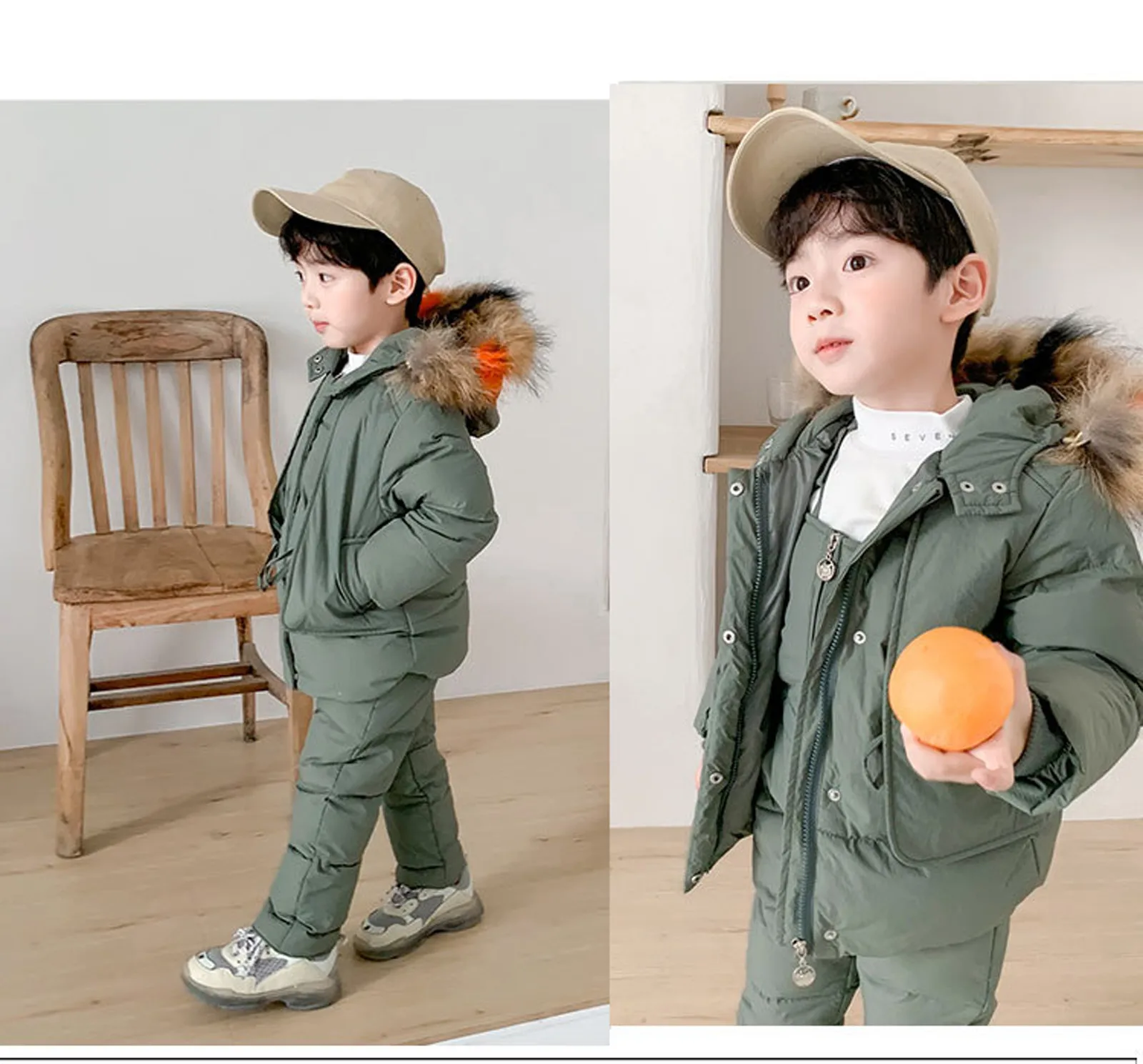 Fashionable Winter Down Jacket Fur Hooded Baby Boy Girl Overalls Warm Kids Coat Child Snowsuit Snow Toddler 2 Piece Clothing