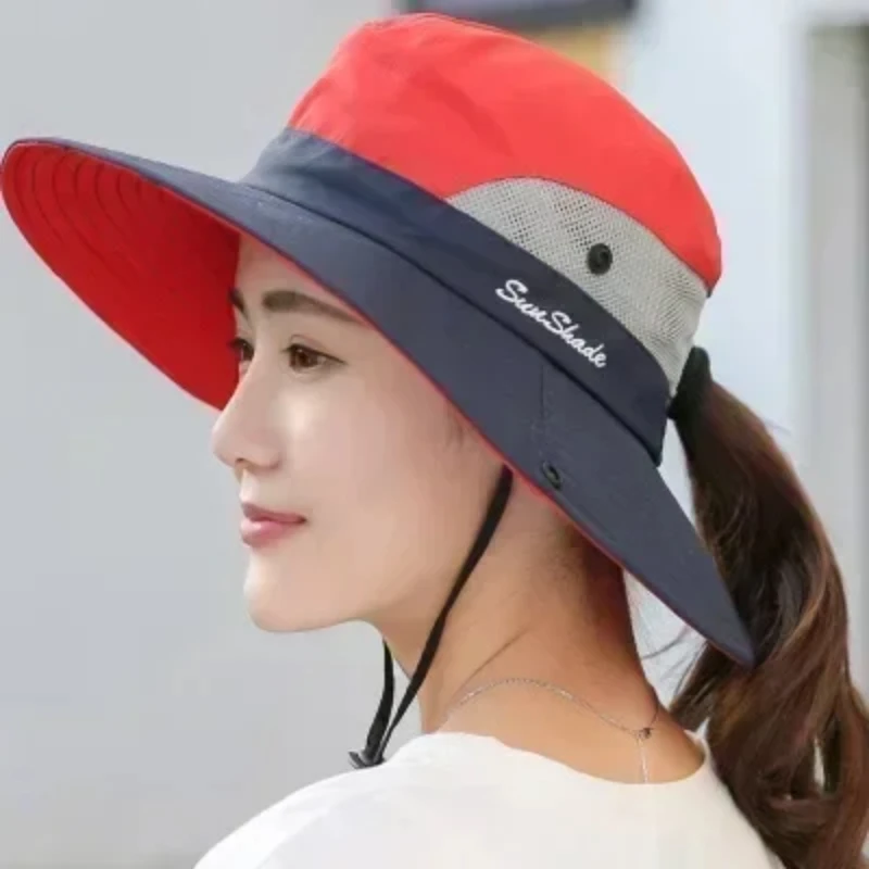 1PCS Women's Ponytail Sun Hat UV Protection Adjustable Foldable Mesh Wide Brim Colorblock Fishing Hat