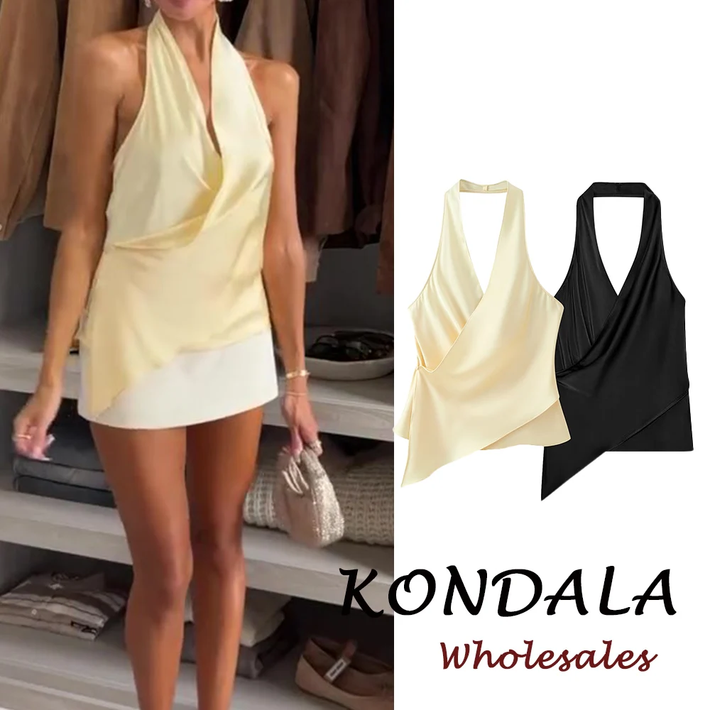 KONDALA Chic Sexy Solid Women Night Party Neck-mounted Tops Fashion 2026 Asymmetry Yellow Valentine's Day Female Modern Vest
