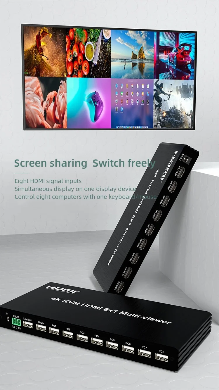 4K 30HZ 8-poorts HDMI 8x1 KVM-multiviewer via knop en IR-afstandsbediening Audio Video Switcher
