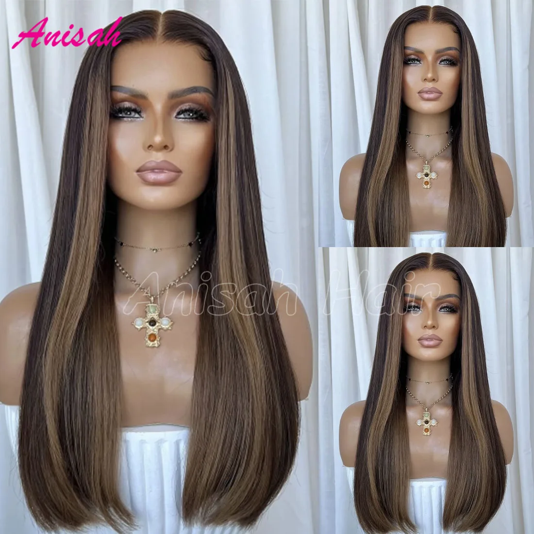 

Парик с кружевной передней частью и эффектом омбре, из натуральных волос, с волнистыми прядями, предварительно проработанной линией роста волос, коричневый с мелированием, для женщин