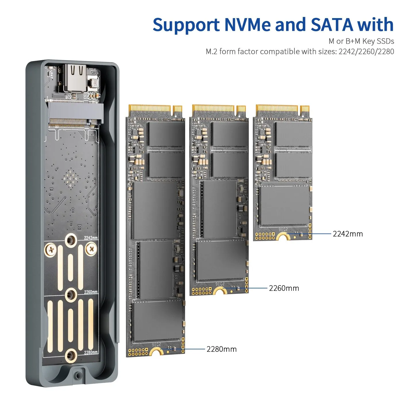 UnionSine Dual Protocol M2 NVMe NGFF SATA SSD Caso 10Gbps HDD SSD Box para USB3.1 Gabinete externo para 2242 2260 2280