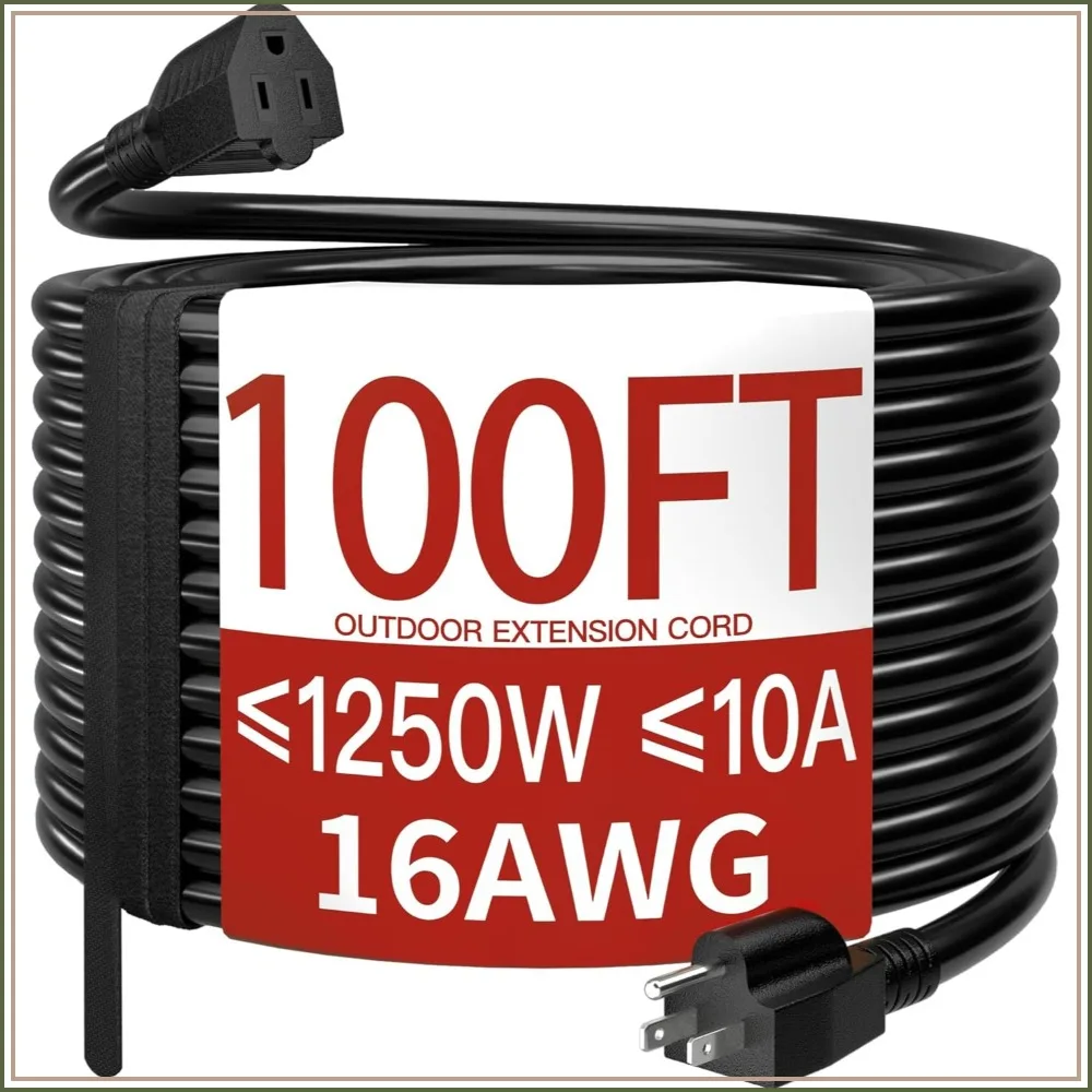 

16AWG 10A 1250W 125V 100ft Outdoor Extension Cord Waterproof Weatherproof Flame Retardant Black 3 Prong SJTW ETL