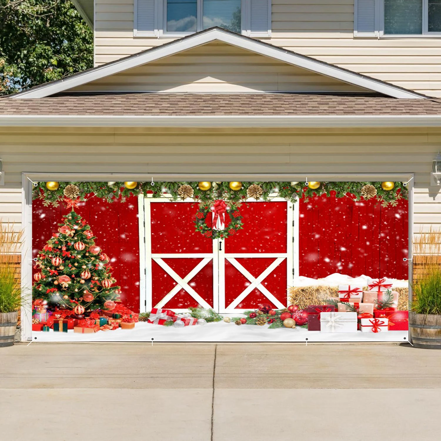 Christmas Red Wooden Cabin Garage Wall Background Winter Xmas Pine Tree Gift Garage Door Frame For Outdoor Home Courtyard Decor