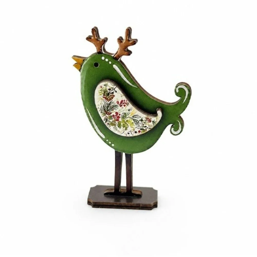 Wooden Christmas Bird Statue Long Legs Vintage Xmas Bird Figurine Stable Base 2D Flat Christmas Tabletop Decorations Home Decor