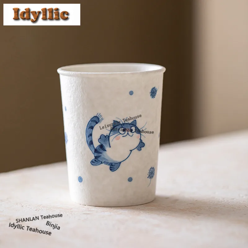 

225ml Hand-painted Blue And white Cute Cat Cola Mug Bubble Teacup Cold Hot Water Jug Hand Warmer Office Water Cup Teaware Craft
