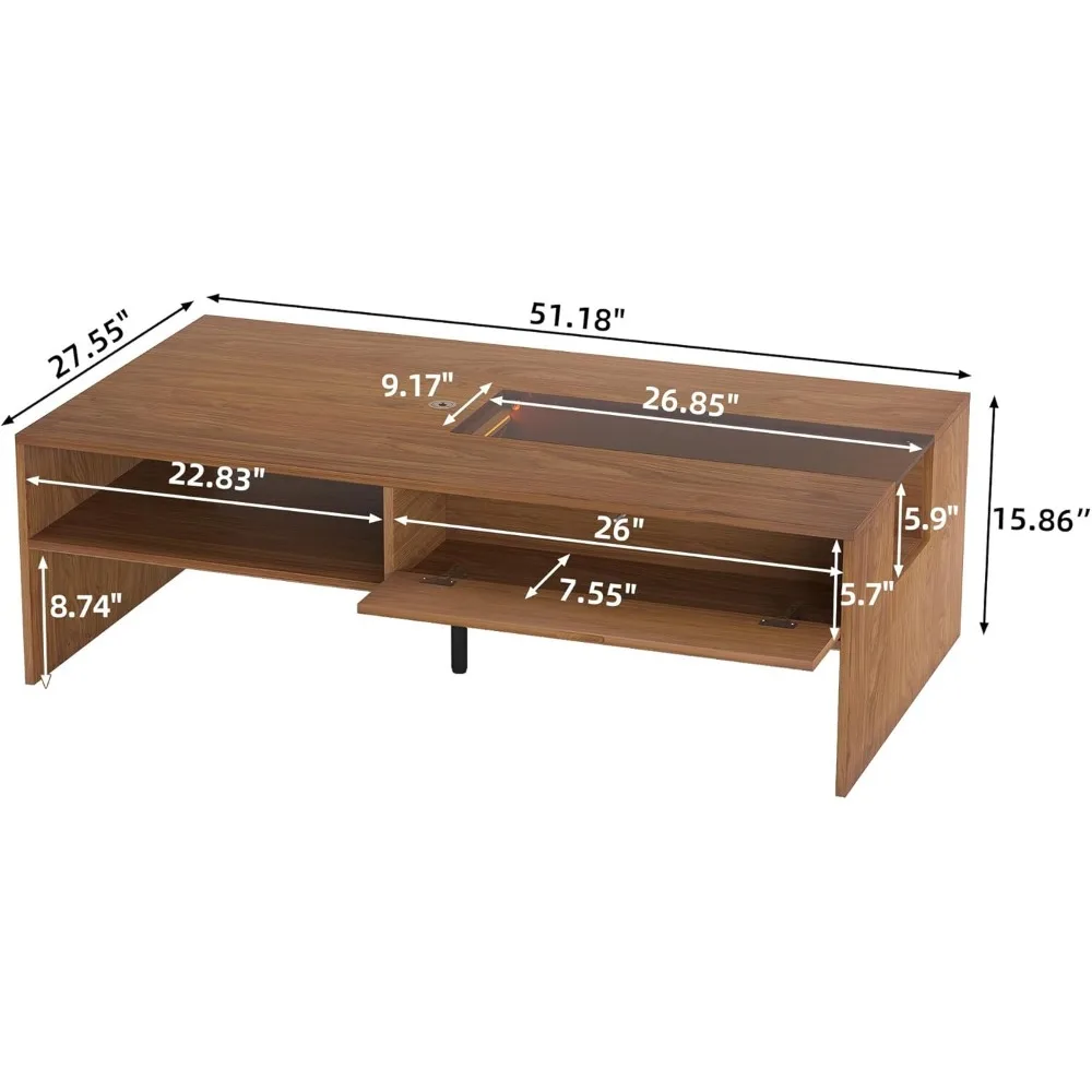 Mid-Century Modern 51.18 Coffee Table with LED Light & Storage, Versatile Living Room Table for Home Decor & Organizing, Stylish