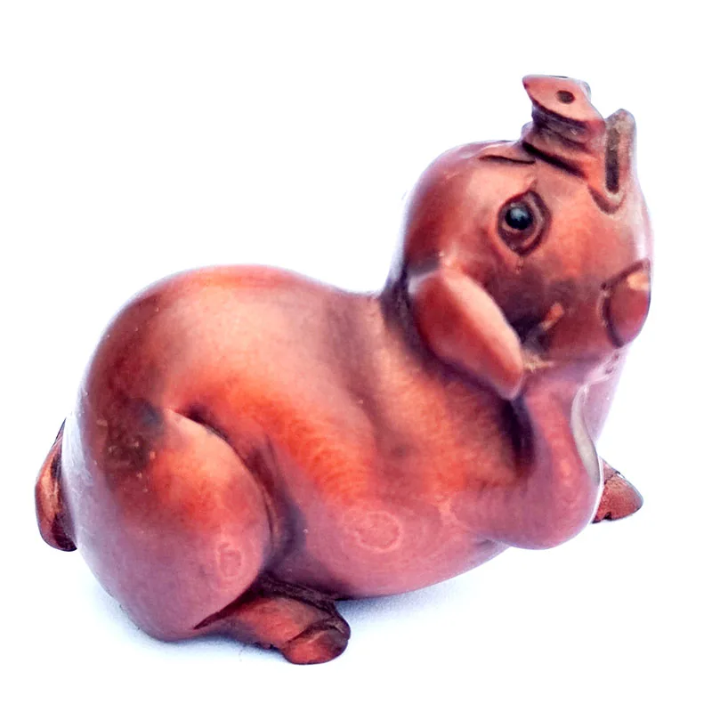 

GX297 - 20 Years Old 2" Hand Carved Boxwood Netsuke Figurine - Naughty Pig