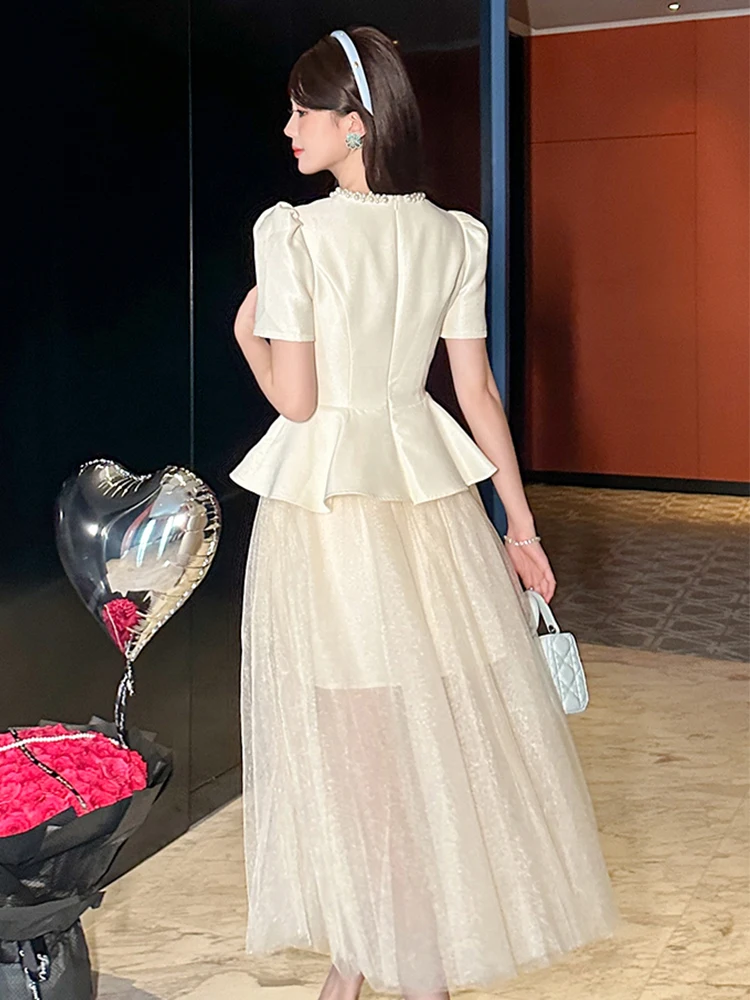 Abito da sera formale francese squisito da donna Abito da ballo in maglia trasparente femminile Lady Falso 2 pezzi con volant Swing Robe Abiti da compleanno