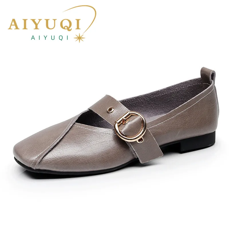 AIYUQI Ladies Spring Shoes 2024 New Genuine Leather Mother Flat Shoes Casual Large Size 41 42 43 Square Comfortable Women Shoes