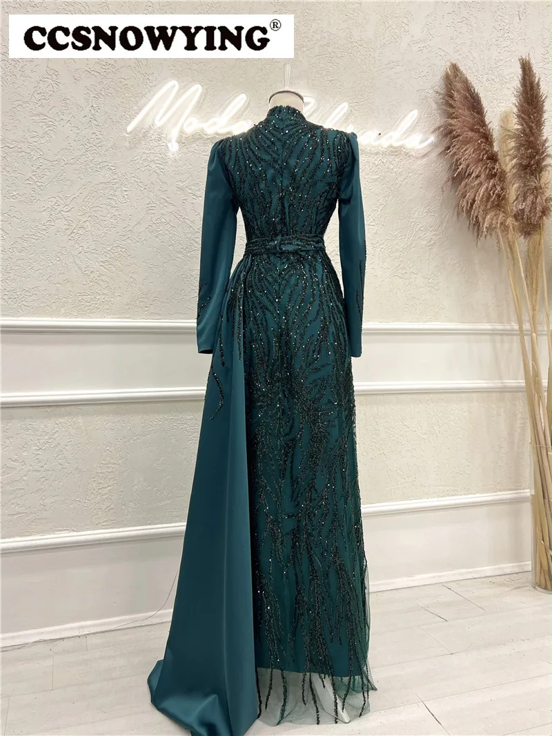 Luxury Appliques Long Sleeve Muslim Evening Dresses High Neck Islamic Hijab Formal Party Gowns Arabic Kaftan Robes De Soirรฉe