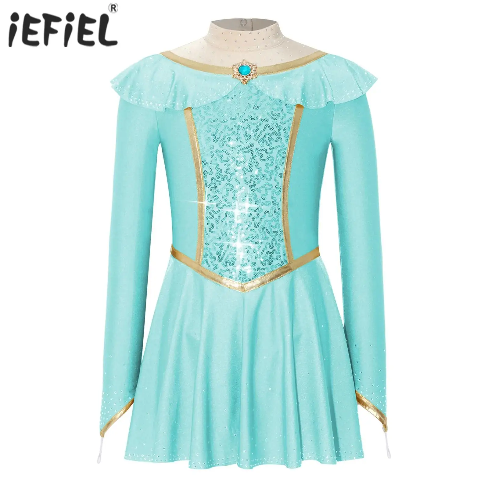 Disfraz de Princesa Árabe para Niñas, Vestido de Fiesta con Lentejuelas Brillantes y Pedrería, Cuello Alto, Manga Larga, Espalda Descubierta