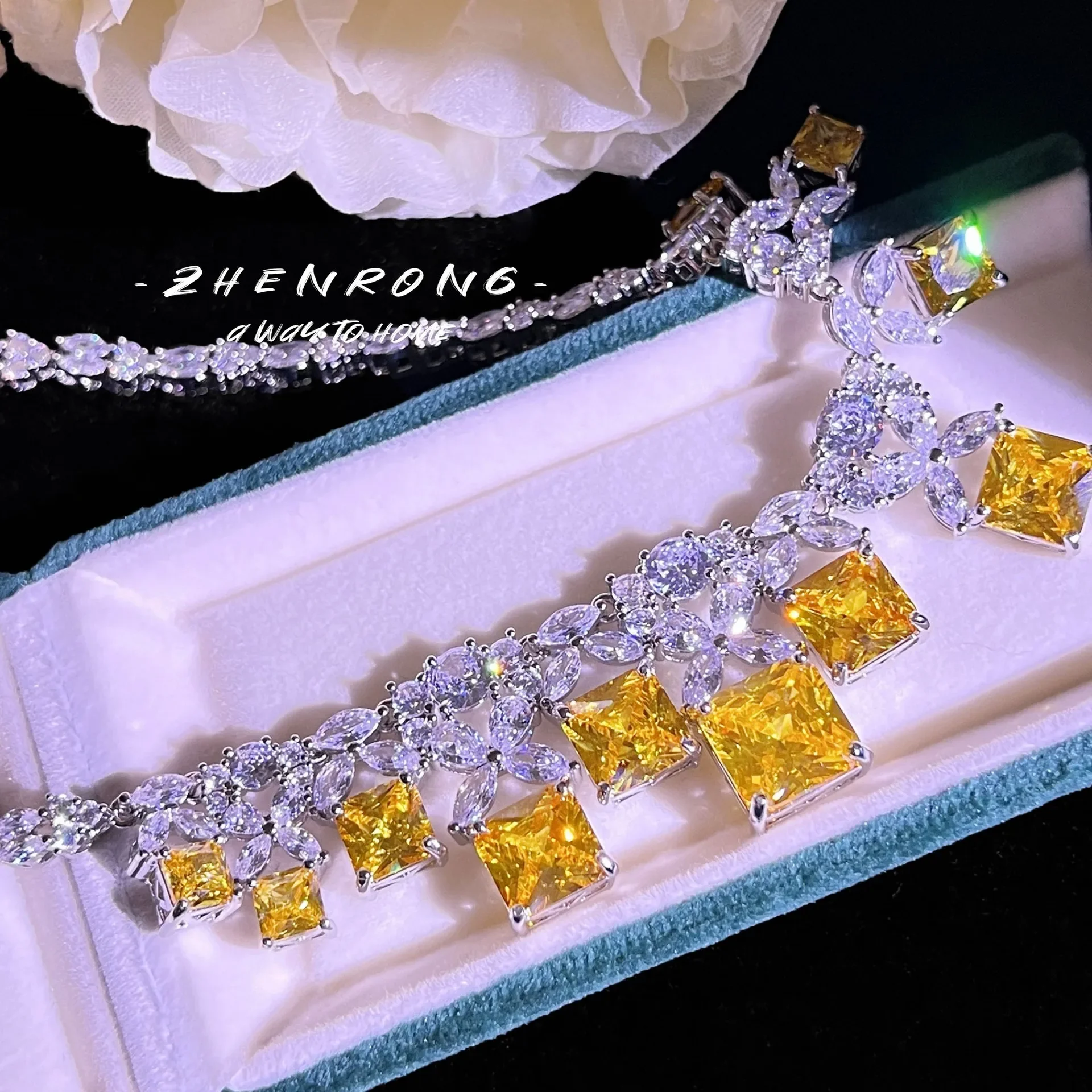 S925 Sterling Silber Halskette Luxus Diamant Abendhalskette Set Kette für Damen – Detail 1