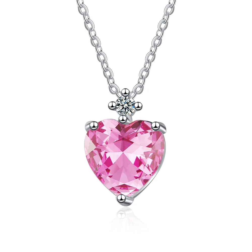 Charming Pink Crystal Heart Pendant Gradient Zircon Necklaces For Women Vintage Fashion Genuine 925 Silver  Necklace