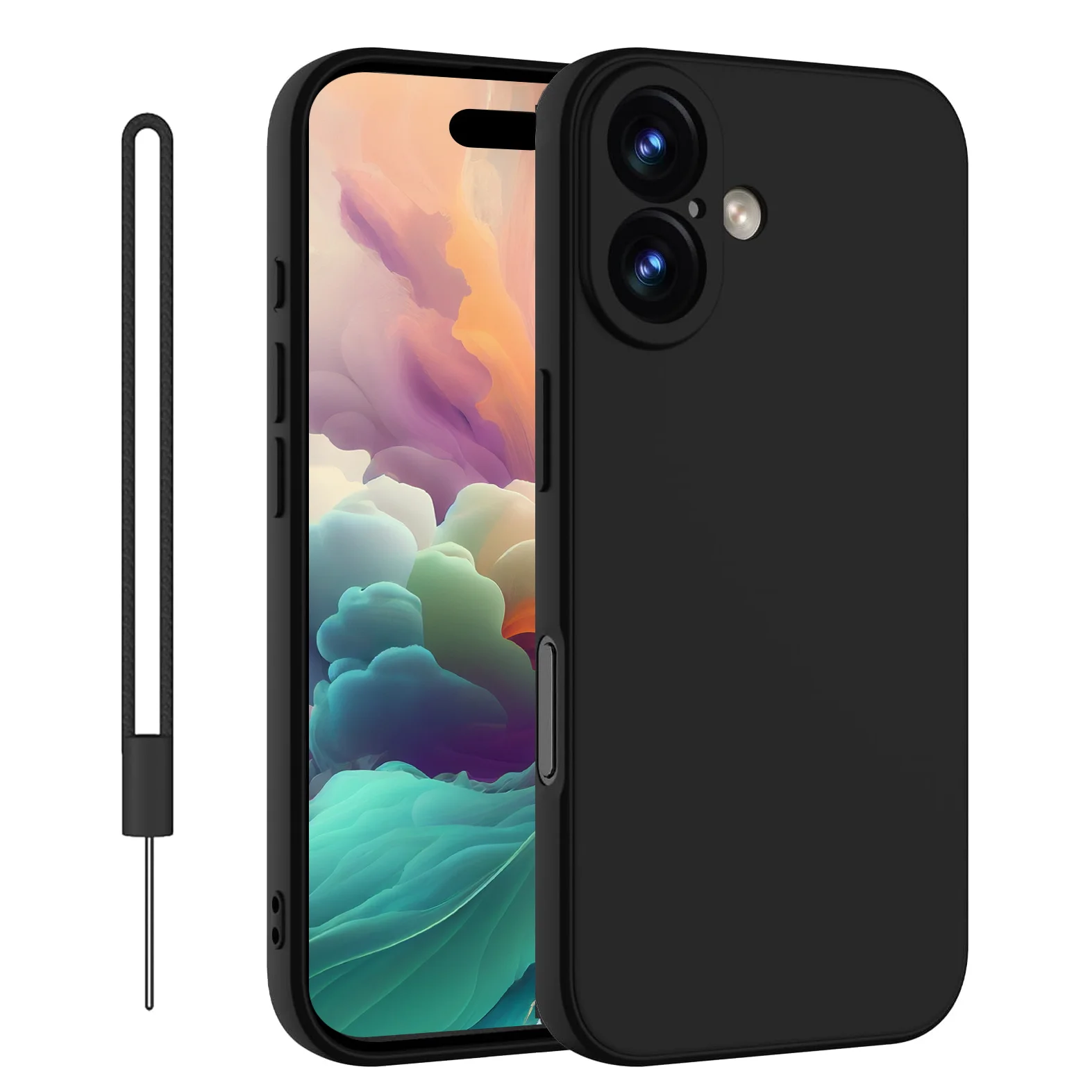 Black Shockproof Silicone Phone Case For Iphone 16 15 14 13 12 11 Pro Max mini 16 Plus Protective Lens Cover Lanyard Cord Case