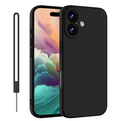 Black Shockproof Silicone Phone Case For Iphone 16 15 14 13 12 11 Pro Max mini 16 Plus Protective Lens Cover Lanyard Cord Case