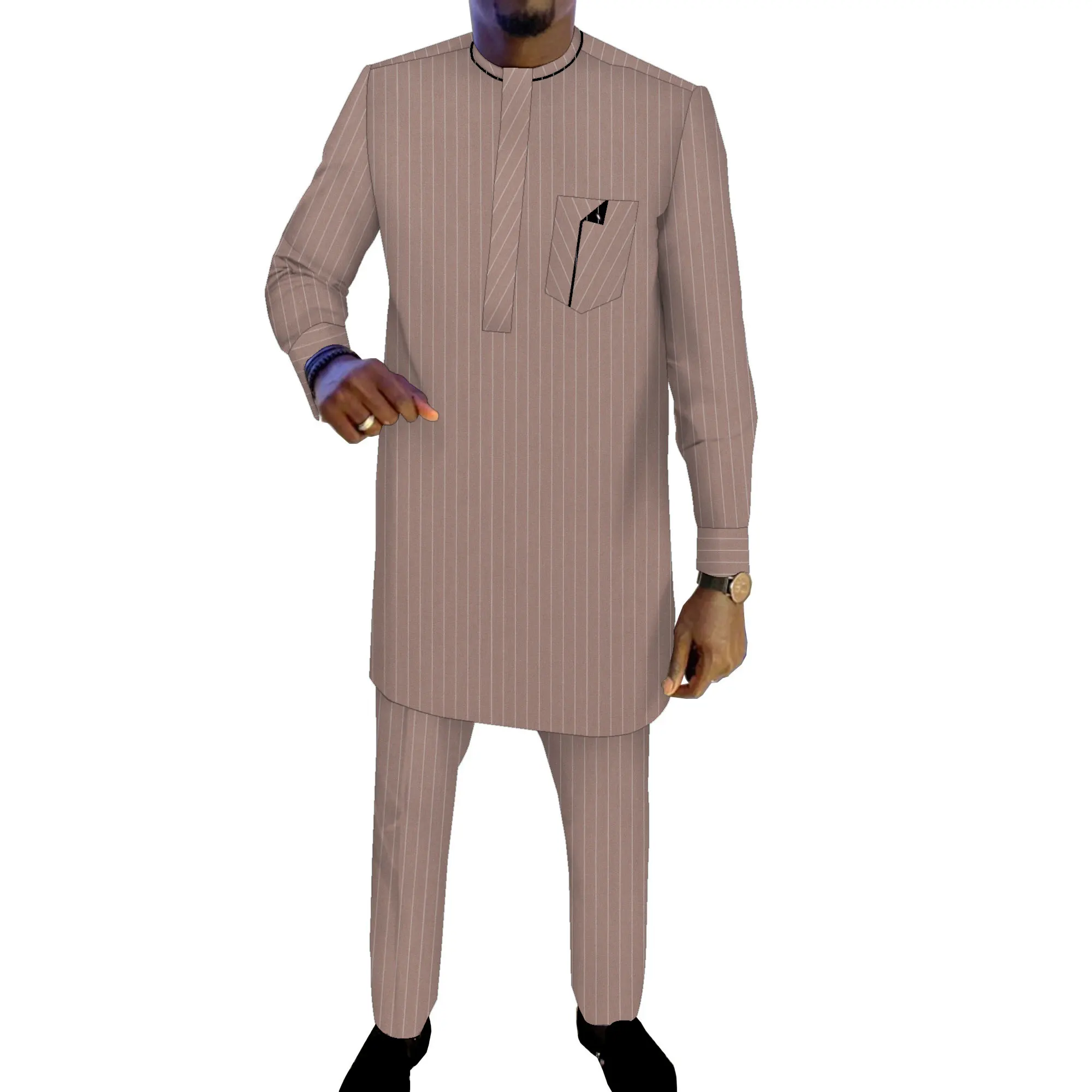 African Men's Striped Suit Dashiki Shirt and Pants African Print Clothing Patchwork Plus Size Men Suit WYNT117