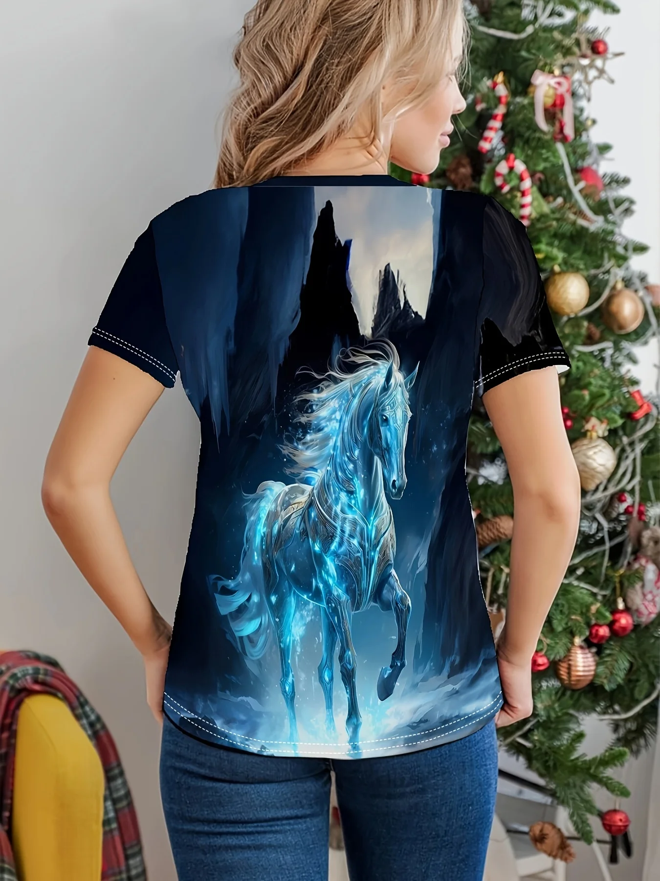 Navy Blue Women's Tee - Glowing Blue Horse Graphic, Enchanted Fantasy Print Design for Casual Daily Wear