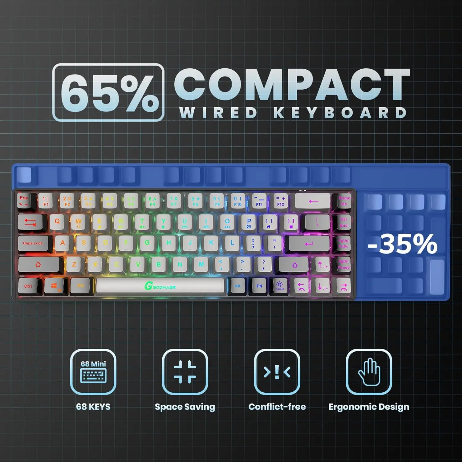 Imagem -04 - Geodman-mini Teclado com Fio do Jogo Backlit Ultra Compacto 68 Chaves Membrana para pc Laptop Mac