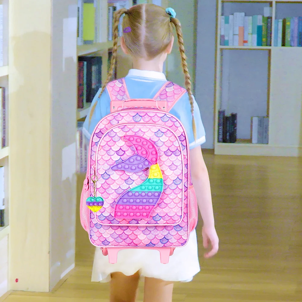 3PCS Rolling Backpack for Boys, Kids Roller Wheels Bookbag, Wheeled School Bag with Lunch Bag - Mermaid Pink