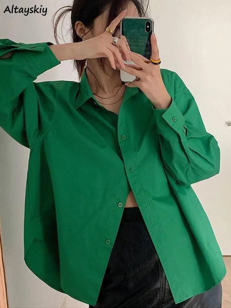 

Long Sleeve Shirts Women Green Korean Style Solid Loose All-match Vintage Chic BF Streetwear Elegant Official Females New Spring