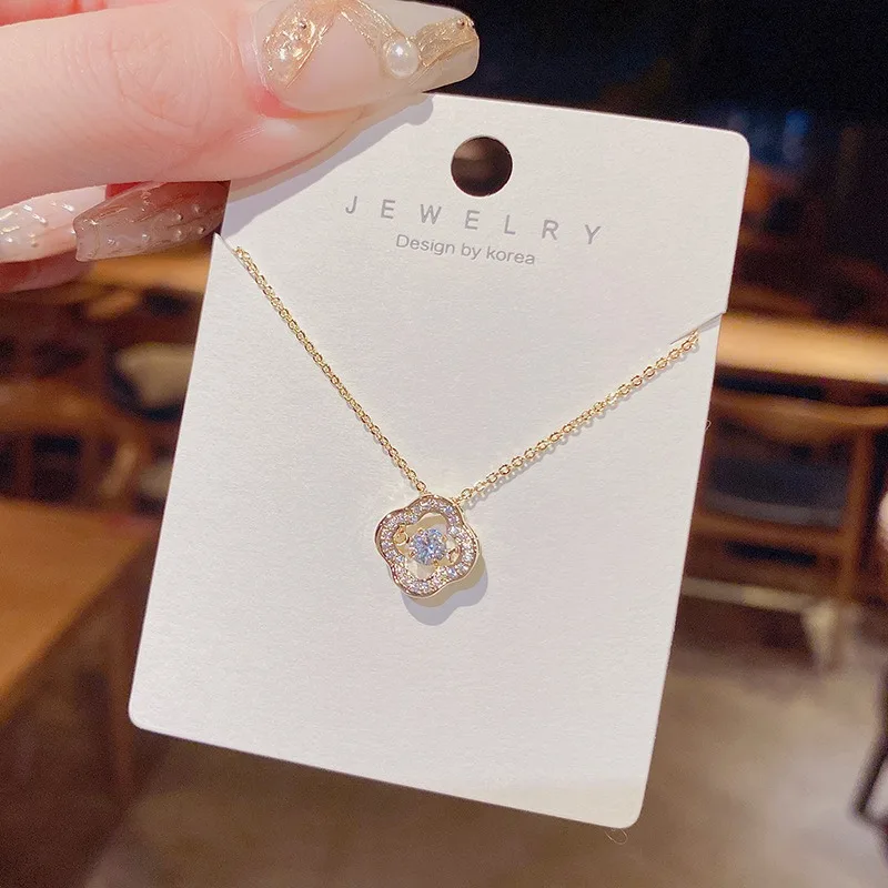 Beating Heart Sparkling Diamonds 4 Leaves Clover Flower Pendant Necklaces for Women Choker Jewelry Bijoux Cute Birthday Gifts