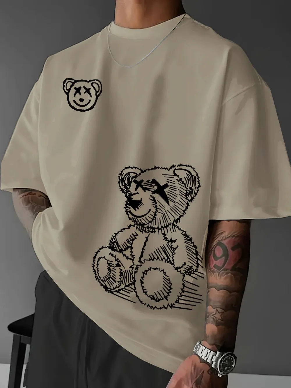 Fashionable new American men's summer minimalist bear print micro elastic breathable round neck T-shirt outdoor urban street top