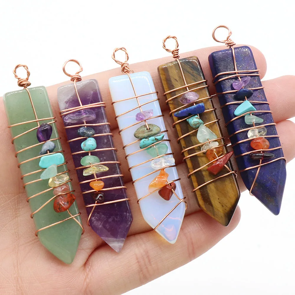 7 Chakras Natural Stone Crystal Reiki Pendant Arrow Shaped Colorful Gravel Wire Charms for Jewelry Making DIY Necklace Accessory