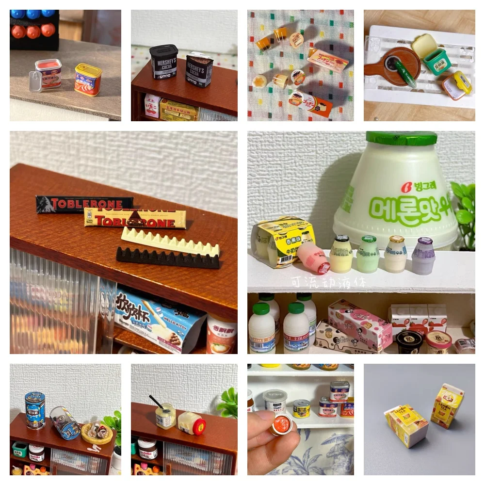 Puppenhaus Miniatur Küche Salat Dressing Tomate Bolognese Bohnen gallerte Modell Mini Snack Milch Schwarztee Schokolade DIY Zubehör