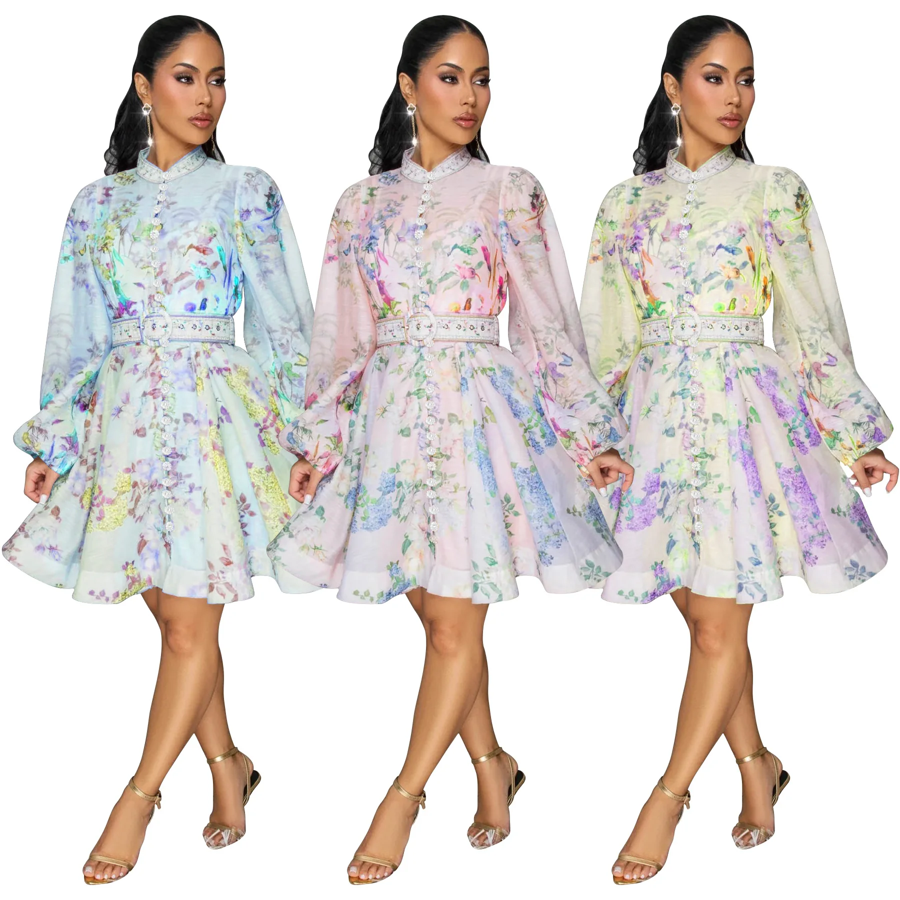 

EINY Stand Collar Single Breasted Lantern Sleeve Casual Dress Belt Slim Waist Elegant Robe Fresh Floral Print Vintage Vestidos