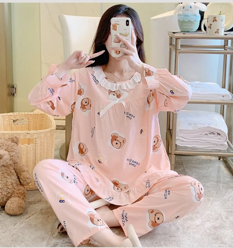 Student Long Cotton Silk Suit Crew-Neck Nine-Point Thin Breathable Comfortable Pajamas 100% Viscose Sweet Air Condition Clothes