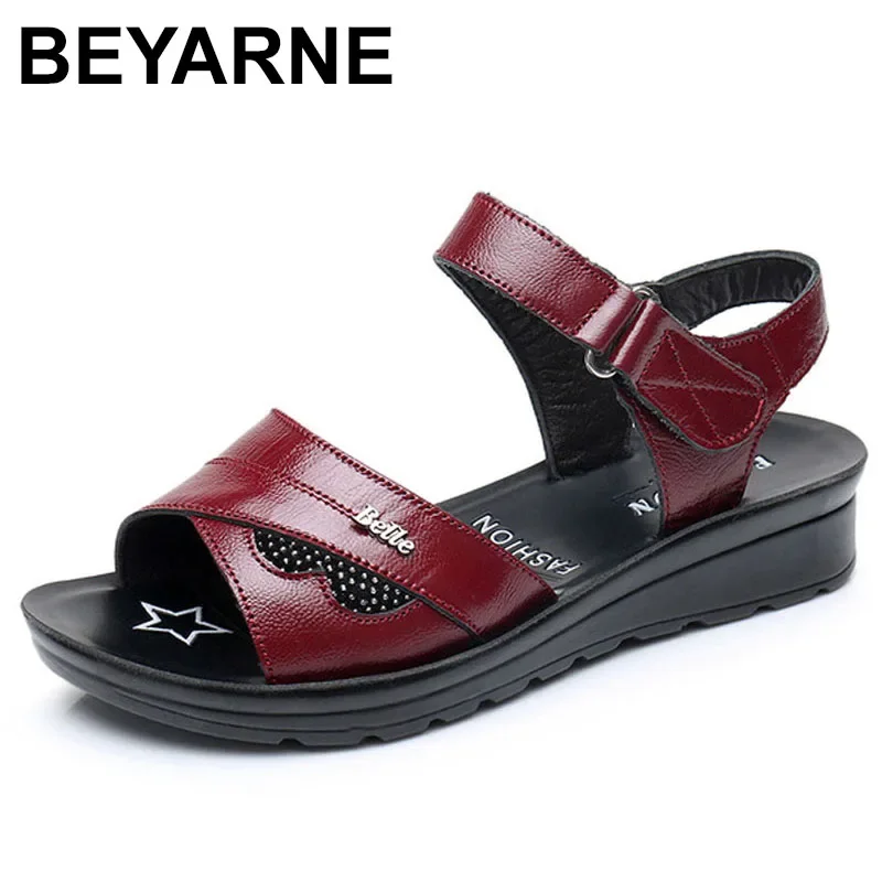 BEYARNE  Women Mother Old Female Sandals Shoes Cow Genuine Leather Casual PU Hook Loop Summer Beach Cool Size 35-41 E124