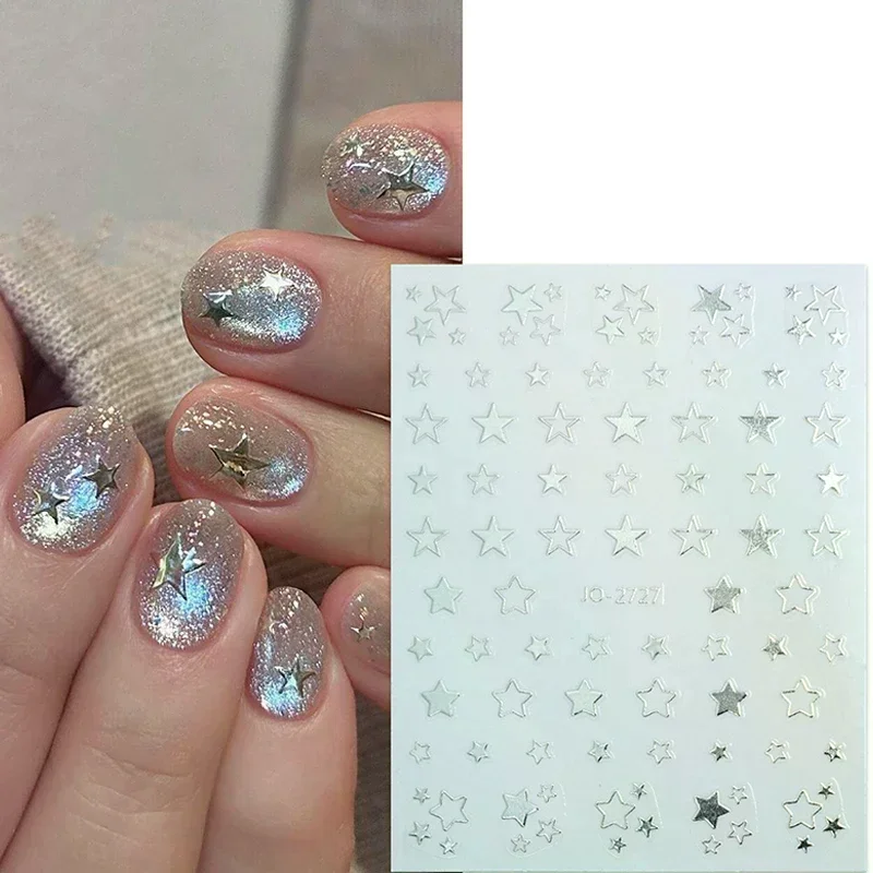 1 ورقة ثلاثية الأبعاد الذهب/الفضة نجمة البرنز مسمار الفن ملصق الليزر ستار أنماط مسمار ملصق مائي الذهب الفضة ذاتية اللصق المنزلق