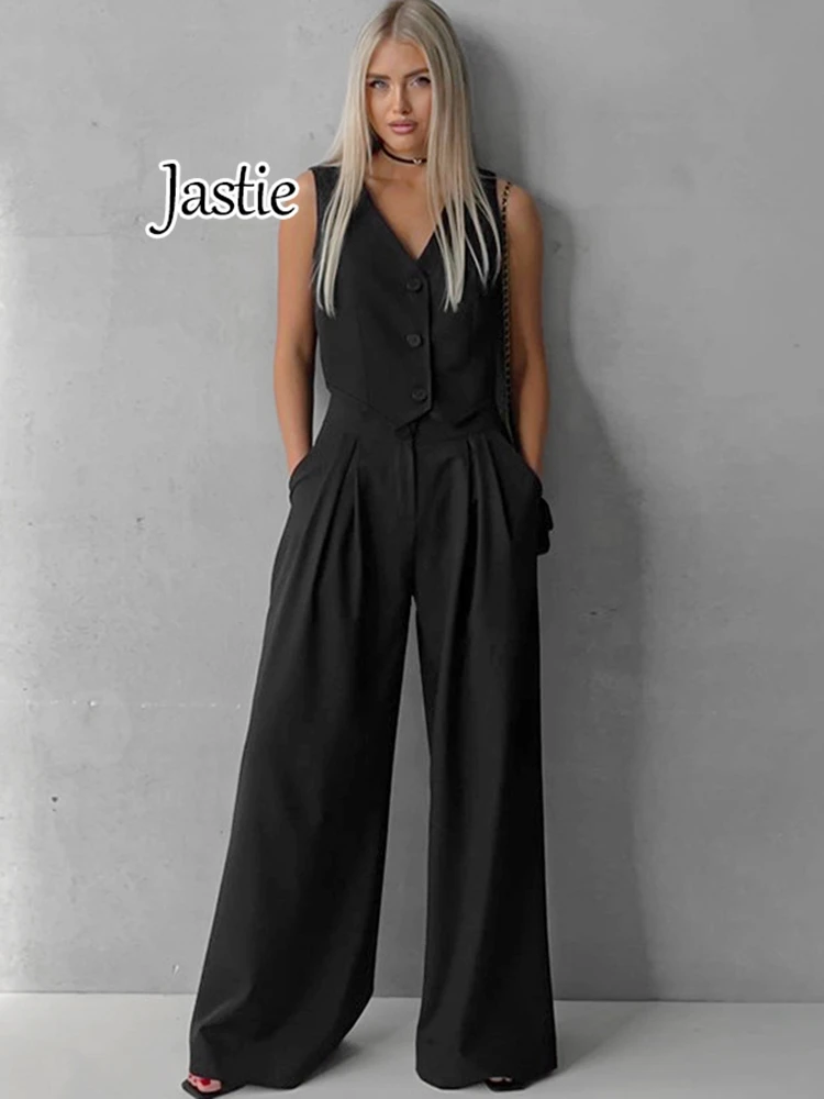 Jastie 2024 Fashion Office Lady V-Neck Tops Casual Wide Leg Pants Outfit Summer Sleeveless Pink Pants Suits Women 2 Pieces Sets